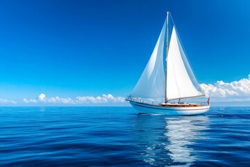 Naklejka premium Sailboat on Calm Ocean Under Blue Sky - A white sailboat glides across a tranquil blue ocean under a vibrant sky. Peaceful and serene seascape
