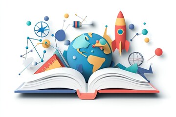 Open book with globe, rocket, and science elements.  A colorful, imaginative illustration of education and exploration