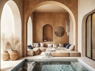 A pool with a tan colored wall and a tan colored ceiling. There are two vases on the pool deck