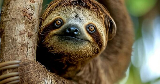Close-up of a sloth clinging to a tree trunk. The sloth has brown fur with striking orange eyes and a peaceful expression. The blurred background features green foliage