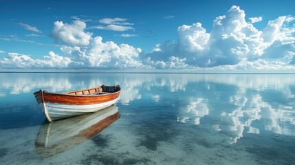 Lonely wooden boat on tranquil lake with clear sky and fluffy clouds, serene and peaceful atmosphere, nature reflection concept