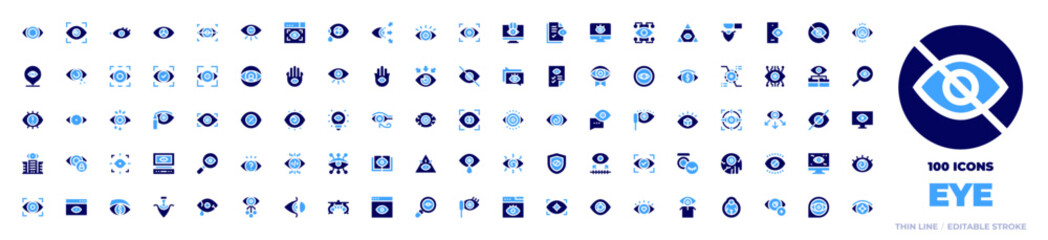100 Eye Icons Collection. Bold style. Duotone colors. eye surgery, bionic eye, eye tracking, eye, focus, mascara, smartphone, vision, audit, monitoring