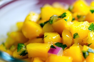Fresh Mango Salsa with Herbs and Onion Chopped in a Bowl