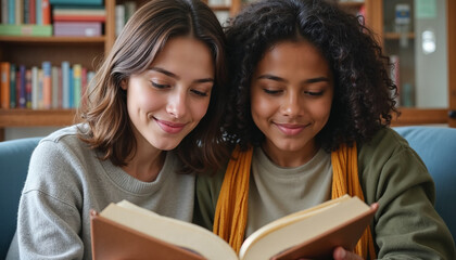 Obraz premium Teacher and student reading together, sharing knowledge and enjoying a book in a cozy library setting