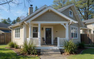 Small single-story house sloping roof porch is painted ADU dwelling unit