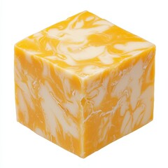 A block of marbled soap with yellow and white swirls, showcasing an artistic design and smooth texture.