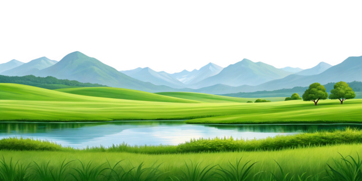 "Watercolor Panorama of Green Fields with Mountains and Lake on Transparent Background"
"Scenic Watercolor Landscape of Fields, Mountains, and Water in Transparent Illustration"