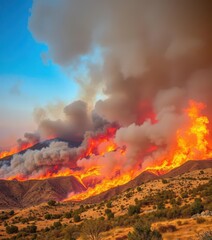 Fototapeta premium Fiery inferno engulfing landscape, smoke billowing, nature, embers