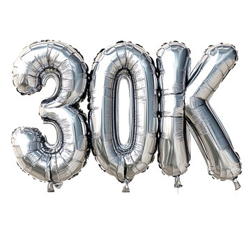 30k silver balloons on white background.