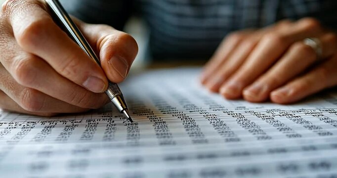 Close-up of a person's hands writing on a spreadsheet with a pen. Focus on financial data and paperwork