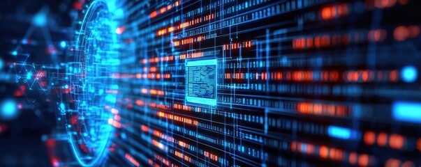 Fototapeta premium Cybersecurity technology in computing and database concept. Futuristic data visualization with glowing elements and patterns.