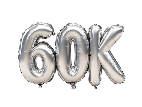 60k Silver Balloon Numbers Against White Background.