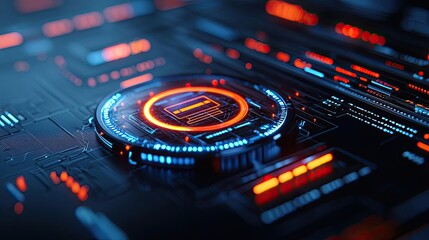 Cybersecurity technology transfer in database computing concept. Futuristic interface with glowing elements and digital patterns.