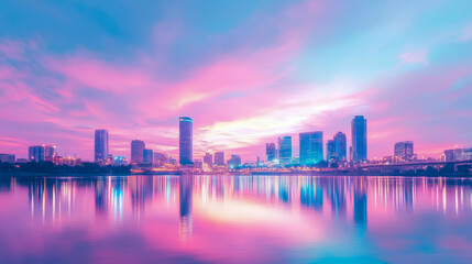 Obraz premium Cityscape at Dusk: Pastel Sky and Water Reflection, Serene evening