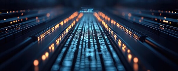 Cybersecurity computing and data protection in network concept. Futuristic digital lines illuminated with vibrant lights.