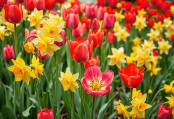 Vibrant spring blooms of tulips and daffodils in a garden, daffodils, springtime
