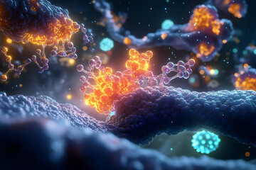 Microscopic view of molecular structures with glowing particles in a dynamic environment