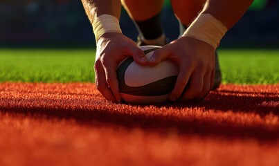 Close-up of hands positioning a rugby ball on a vibrant field.