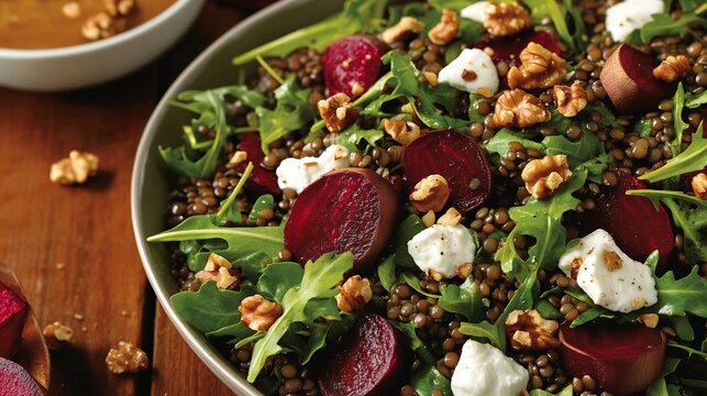French lentil salad roasted beets goat cheese and arugula tossed in a walnut vinaigrette - Powered by Adobe