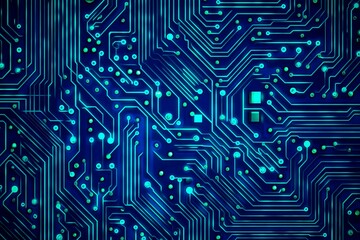 Abstract close-up of a glowing blue digital circuit board, showcasing intricate connections and technological design on a black background.

