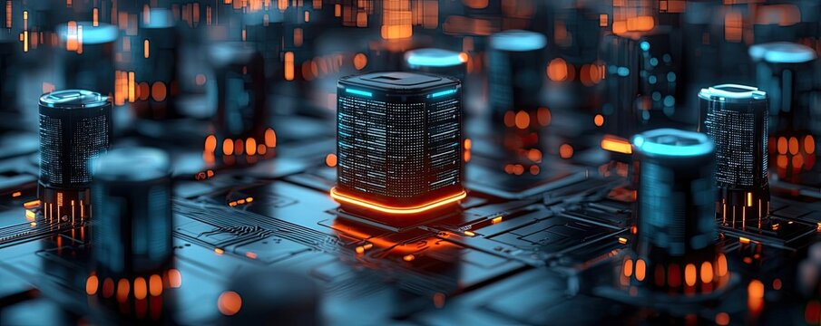 Cybersecurity technology in computing and database concept. Futuristic circuit board with glowing elements and microchips.