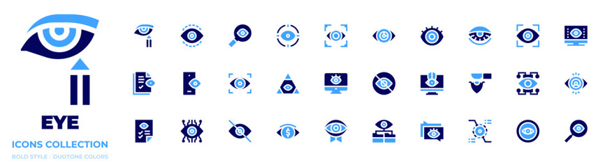 Eye icon collection. Bold style. Duotone colors. insomnia, eye surgery, bionic eye, eye, focus, vision, view, eyeliner, smartphone, security, search