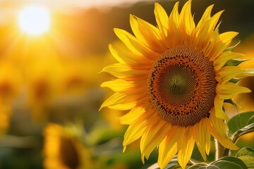 Obraz premium Vibrant sunflower basking in the warm glow of a setting sun.