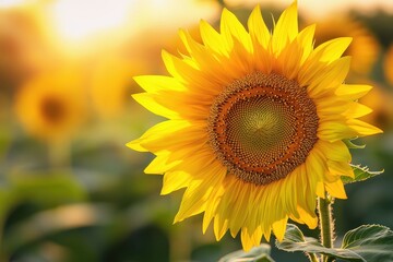 Obraz premium Single sunflower blossoming in a sunlit field during golden hour.
