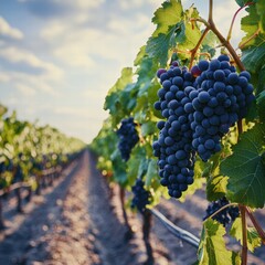 Naklejka premium Lush green vine with a cluster of grapes growing in a natural setting surrounded by foliage