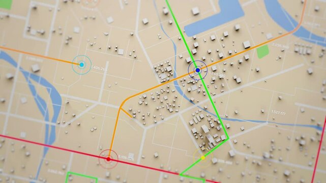3D rendering of the aerial view of a city map with intersections, navigation lines, and running digit numbers, like a digital travel information hub for transport and technology concept
