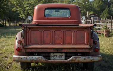 Back old rusted red pickup truck truck facing Back Of Old Truck