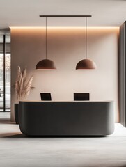 Minimalist office reception area with two pendant lights and a desk