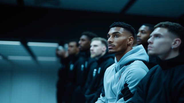 Group of focused athletes in a locker room before an important game. Motivation, tension, and concentration.