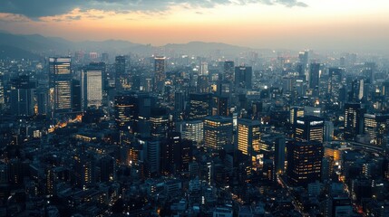 Obraz premium Aerial view of a modern city skyline at dusk, skyscrapers glowing under the fading sunlight.