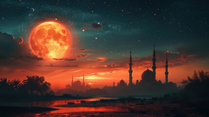 A beautiful night sky with a large red moon and a city in the background