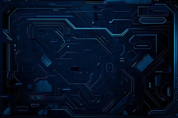 Abstract close-up of a glowing blue digital circuit board, showcasing intricate connections and technological design on a black background.
