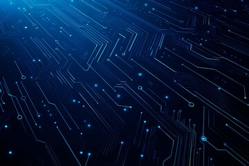 Abstract close-up of a glowing blue digital circuit board, showcasing intricate connections and technological design on a black background.
