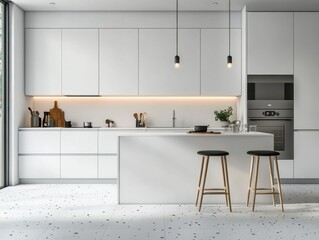 A modern kitchen is shown with white cabinets and island