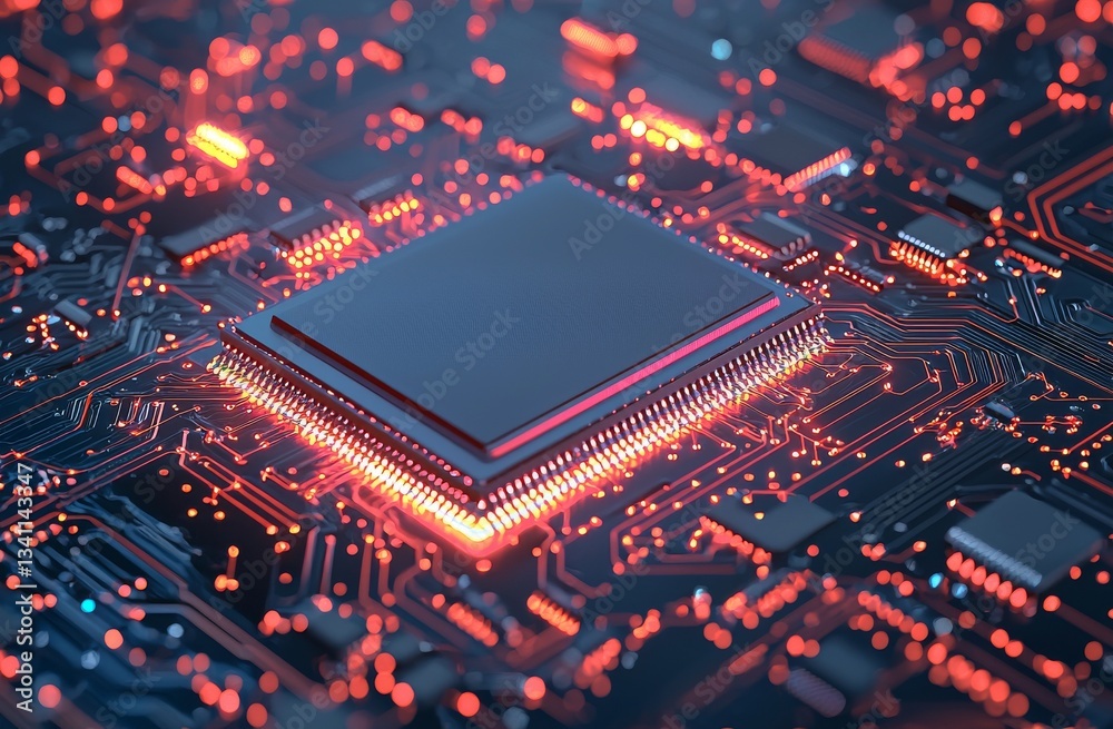 Poster the abstract concept of technology microelectronics is depicted in the background of a macro shot wi
