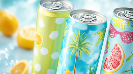 Three vibrant soda cans with tropical fruit illustrations on a soft blue background with citrus fruits. Refreshing summer composition focused on beverage packaging.
