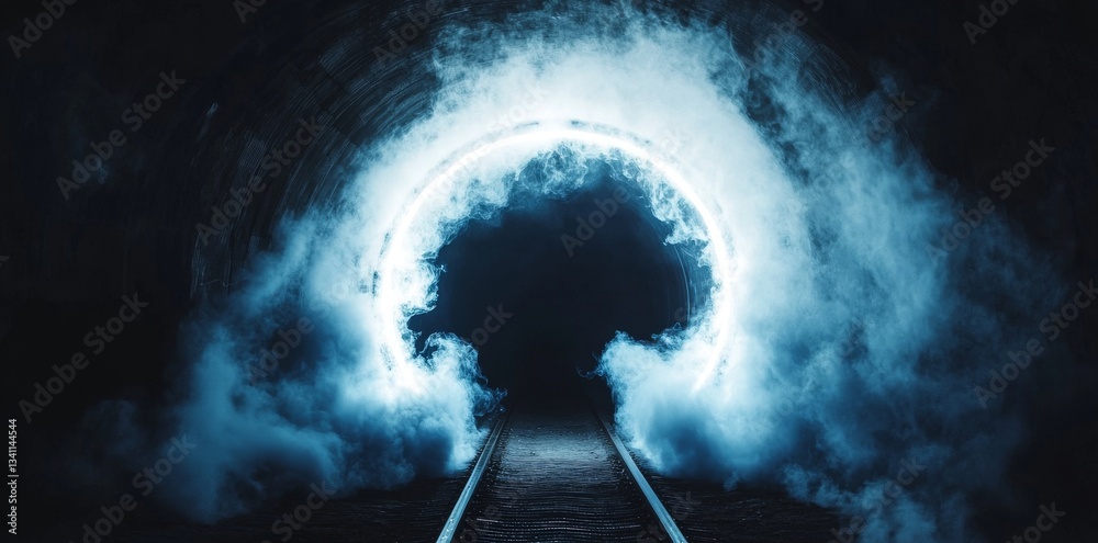 Poster an abstractly designed tunnel and corridor filled with neon rays and light acts as a gateway to an a