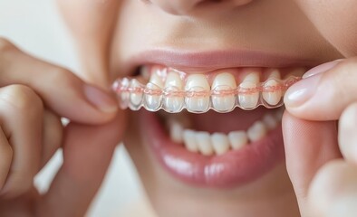 Obraz premium Close-up of a person fitting a clear dental retainer on their teeth.