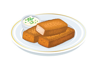 Fish fingers and tartar sauce vector illustration isolated on a white background. Fried fish stick on a plate icon vector. Template for background, banner, card