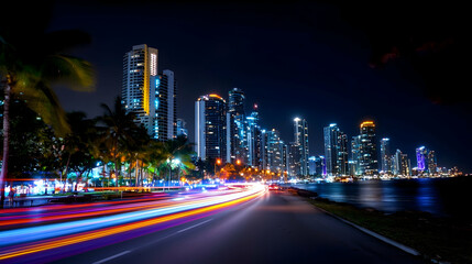 Naklejka premium Night Cityscape with Light Trails and Skyscrapers