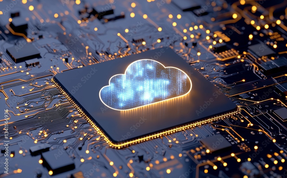 Poster a conceptual image shows a 3d rendering of the concept of cloud computing and network security