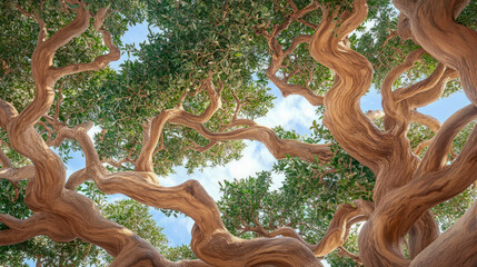 Fototapeta premium Twisted wonder: sun dappled branches against sky. Nature scene, botanical illustration, print for nature enthusiasts, calm environment.