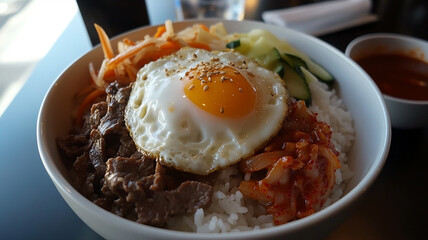 Bibimbap is a Korean dish in the form of a bowl of white rice topped