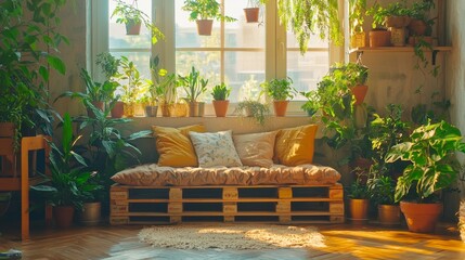 Cozy Indoor Garden with Green Plants and Comfortable Sofa