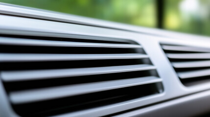 Close-up of a car air vent with blurred green trees in the background. A sleek and modern element of vehicle interior design.