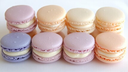 Obraz premium Delicate macarons in pastel shades, carefully stacked on a clean white surface, showcasing their elegant textures